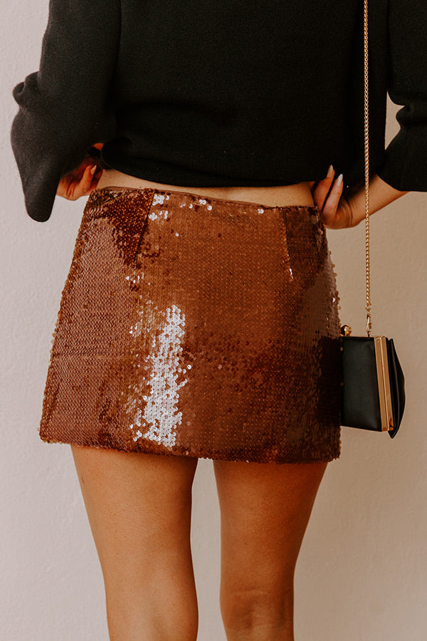 Shimmer Scene High Waist Sequin Mini Skirt in Chocolate