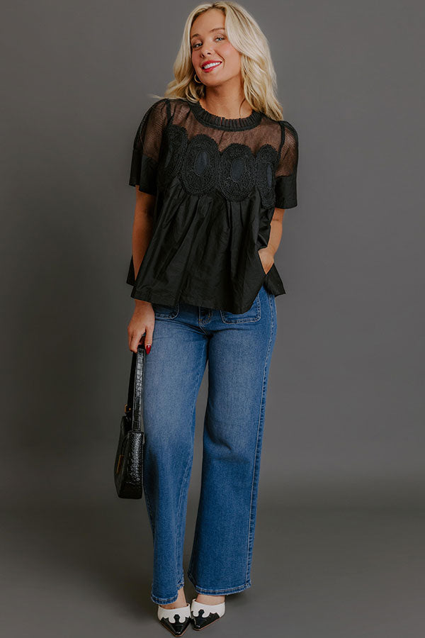 Charmed Life Lace Applique Mesh Top in Black
