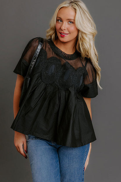 Charmed Life Lace Applique Mesh Top in Black