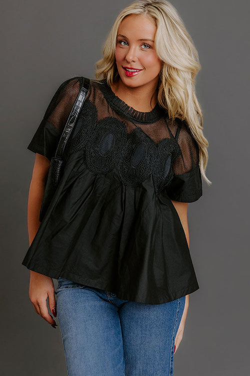 Charmed Life Lace Applique Mesh Top in Black