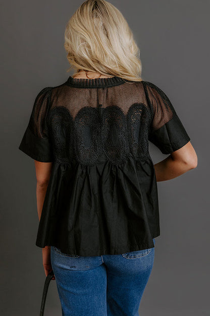 Charmed Life Lace Applique Mesh Top in Black