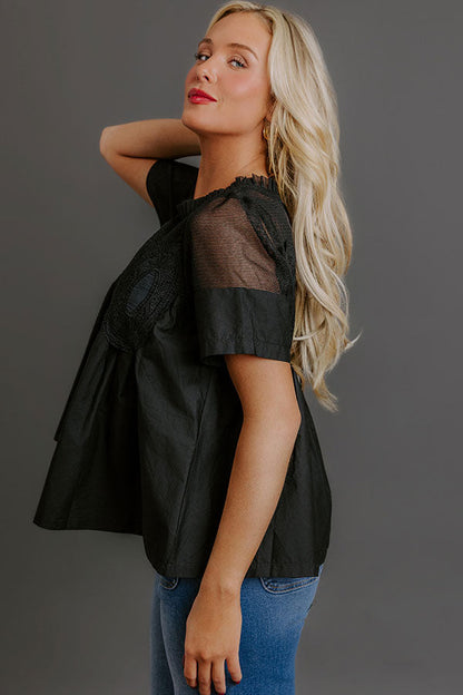 Charmed Life Lace Applique Mesh Top in Black