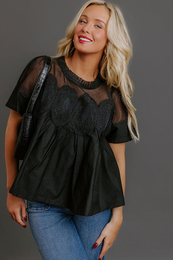 Charmed Life Lace Applique Mesh Top in Black