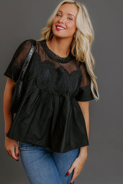 Charmed Life Lace Applique Mesh Top in Black