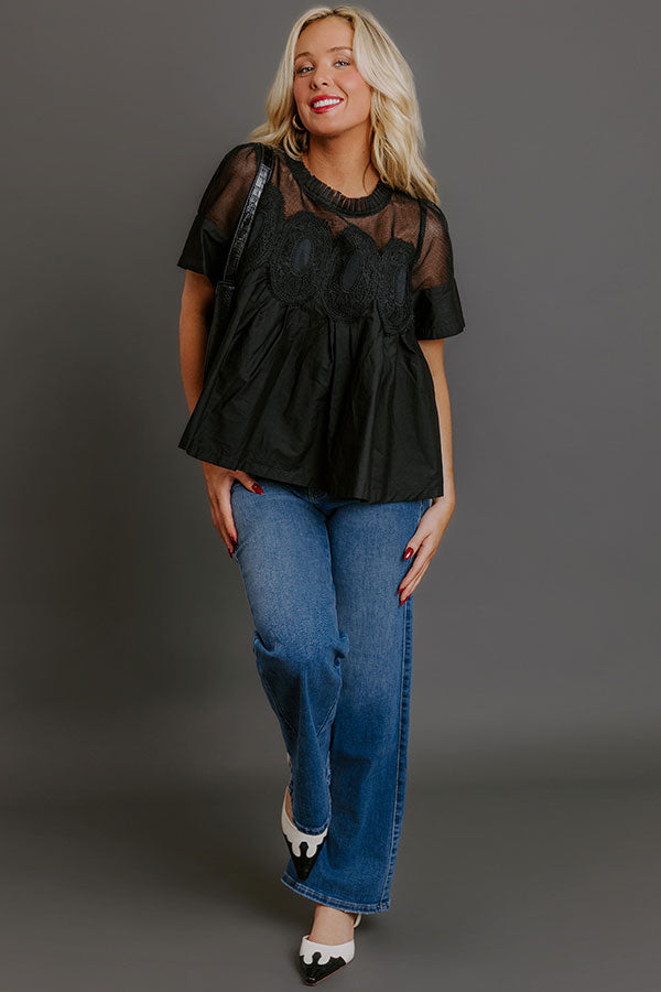 Charmed Life Lace Applique Mesh Top in Black