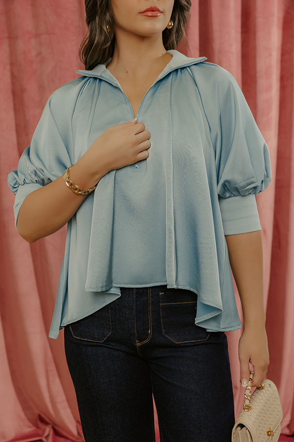 City Staple Satin Quarter Zip Top in Sky Blue