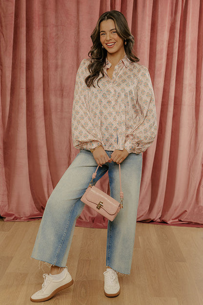 Midtown Chic Satin Button Up Top in Pink