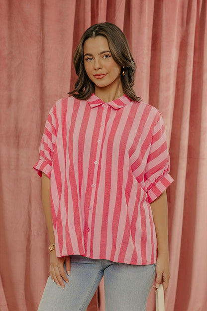 Love Line Stripe Button Up Top in Pink