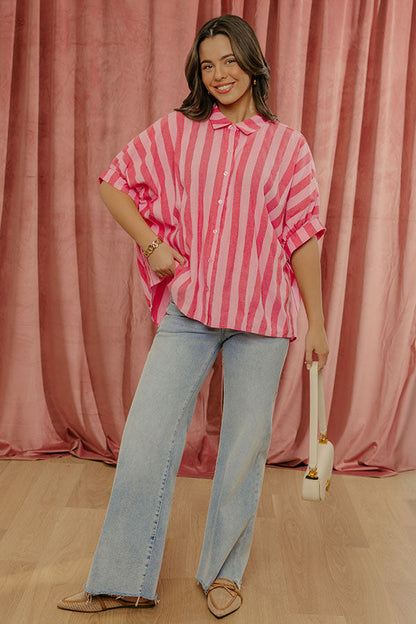 Love Line Stripe Button Up Top in Pink