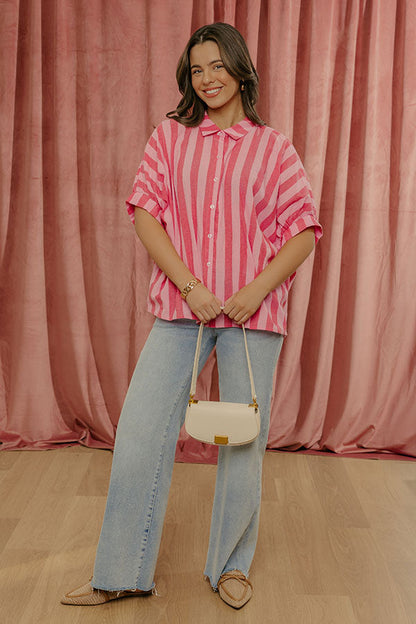 Love Line Stripe Button Up Top in Pink
