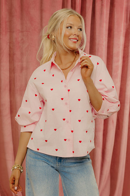 Candy Heart Chic Embroidered Button Up Top
