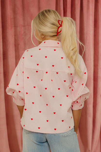 Candy Heart Chic Embroidered Button Up Top