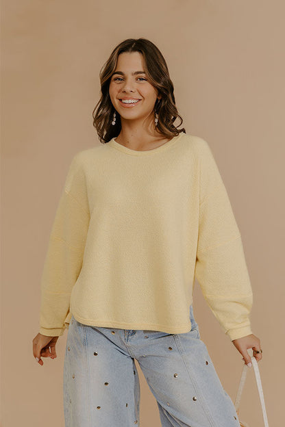Weekend Wind-Down Waffle Knit Long Sleeve Tee in Yellow