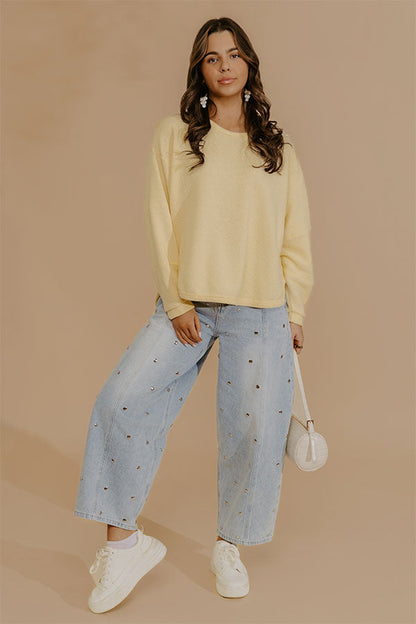 Weekend Wind-Down Waffle Knit Long Sleeve Tee in Yellow