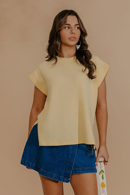 Weekend Wind-Down Waffle Knit Top in Yellow