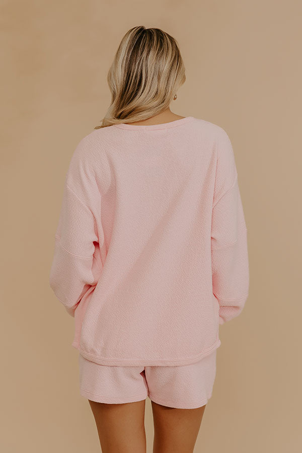 Weekend Wind-Down Waffle Knit Long Sleeve Tee in Pink