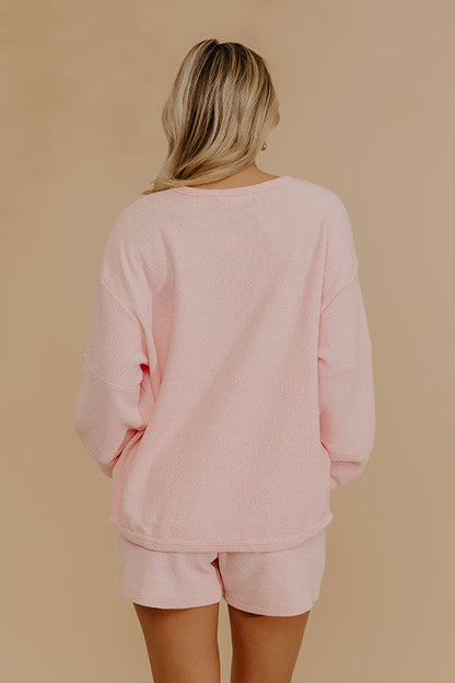 Weekend Wind-Down Waffle Knit Long Sleeve Tee in Pink