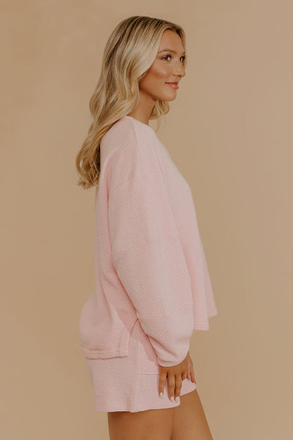 Weekend Wind-Down Waffle Knit Long Sleeve Tee in Pink