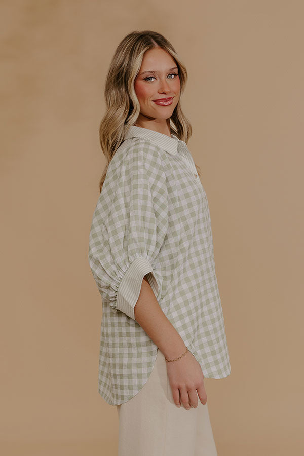 Picnic Perfect Gingham Button Up Top in Sage