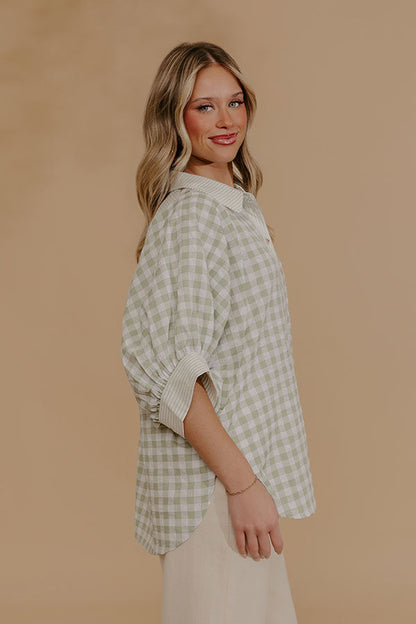 Picnic Perfect Gingham Button Up Top in Sage