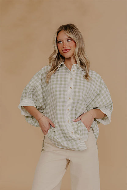 Picnic Perfect Gingham Button Up Top in Sage