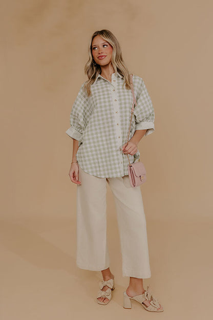 Picnic Perfect Gingham Button Up Top in Sage