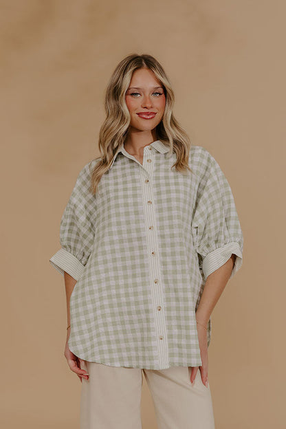 Picnic Perfect Gingham Button Up Top in Sage