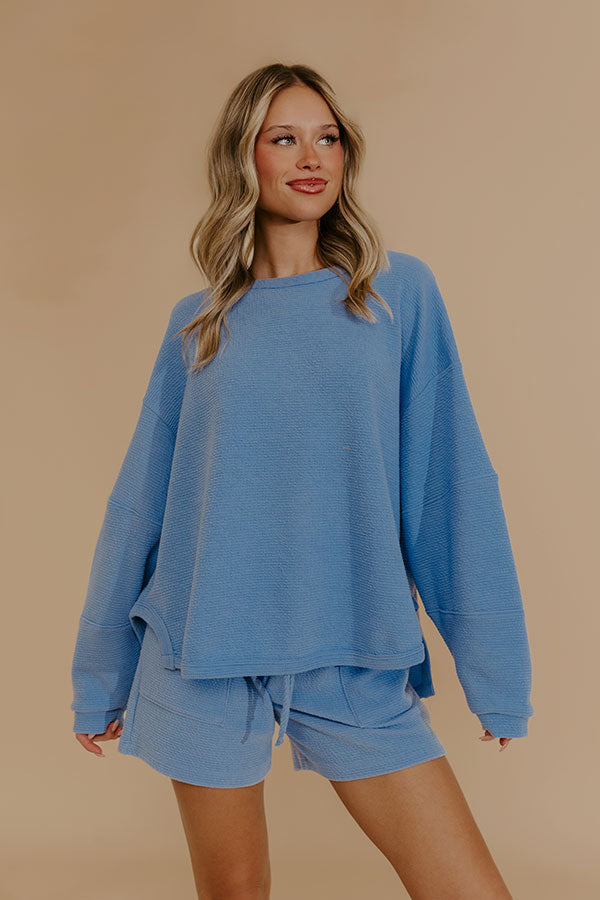 Weekend Wind-Down Waffle Knit Long Sleeve Tee in Light Blue