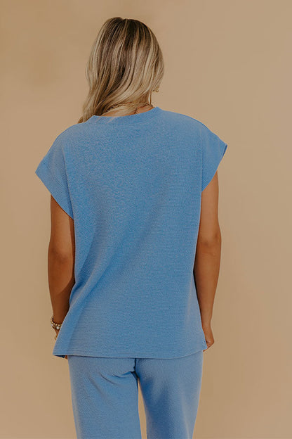 Weekend Wind-Down Waffle Knit Top in Light Blue
