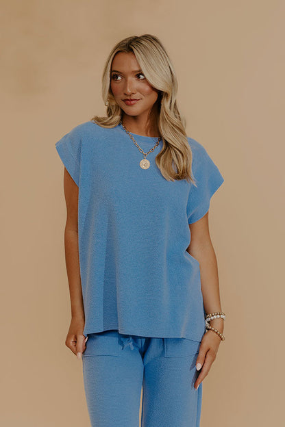 Weekend Wind-Down Waffle Knit Top in Light Blue
