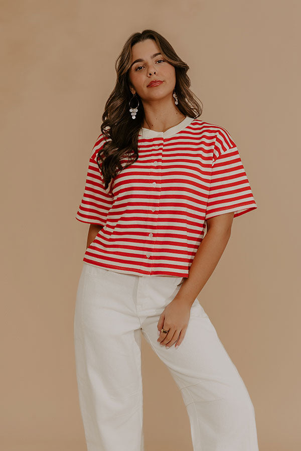 Harbor Line Stripe Button Up Top in Red
