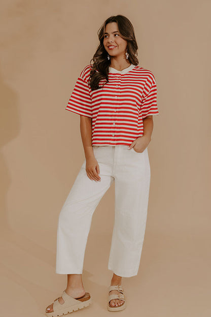 Harbor Line Stripe Button Up Top in Red