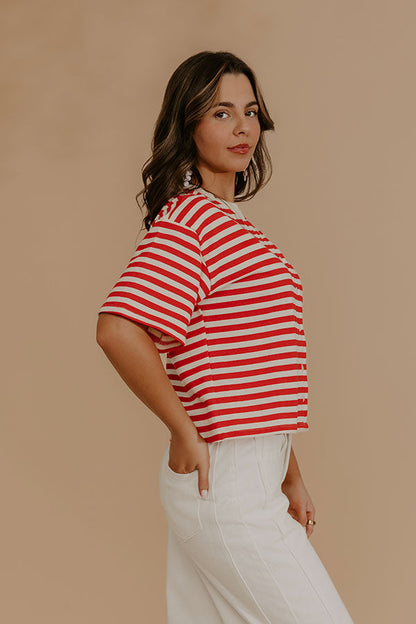 Harbor Line Stripe Button Up Top in Red