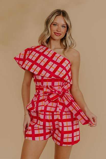 Pretty Chic One Shoulder Plaid Top