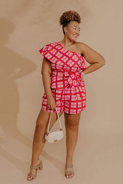 Pretty Chic One Shoulder Plaid Top Curves