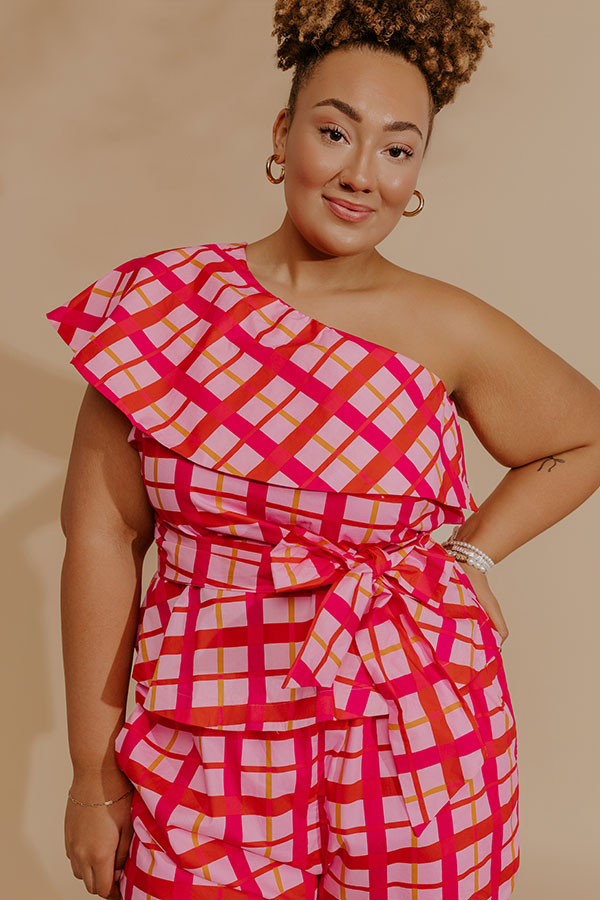 Pretty Chic One Shoulder Plaid Top Curves