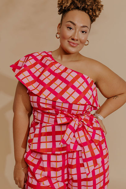 Pretty Chic One Shoulder Plaid Top Curves