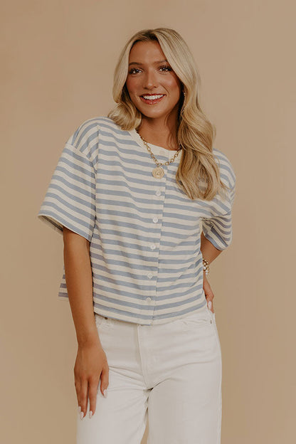 Harbor Line Stripe Button Up Top in Airy Blue