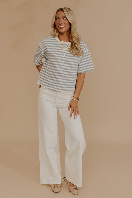 Harbor Line Stripe Button Up Top in Airy Blue