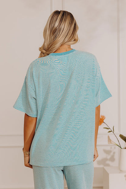 Smiles in Stripes Oversized Tee in Light Blue