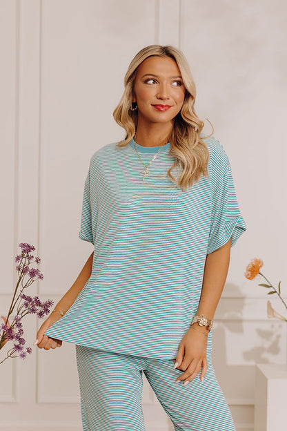 Smiles in Stripes Oversized Tee in Light Blue