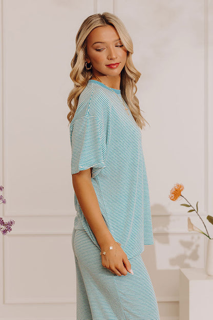 Smiles in Stripes Oversized Tee in Light Blue