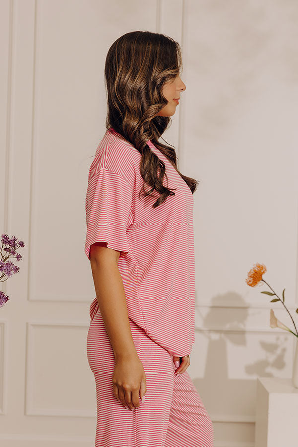 Smiles in Stripes Oversized Tee in Bubblegum Pink
