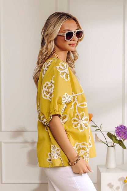 Sweet Daydream Floral Embroidered Top in Mustard