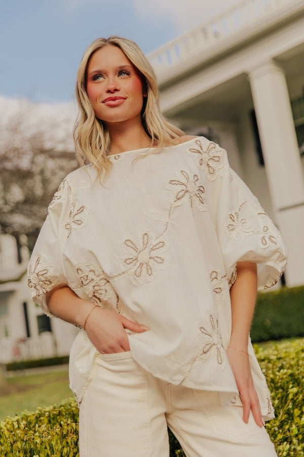 Sweet Daydream Floral Embroidered Top in Cream