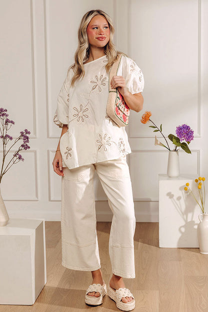 Sweet Daydream Floral Embroidered Top in Cream