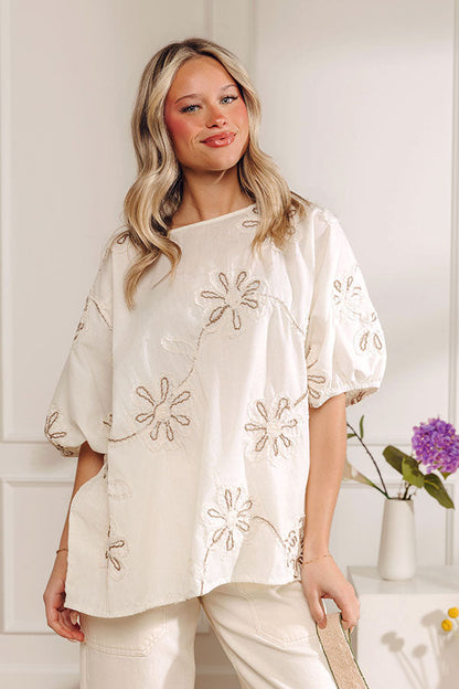 Sweet Daydream Floral Embroidered Top in Cream
