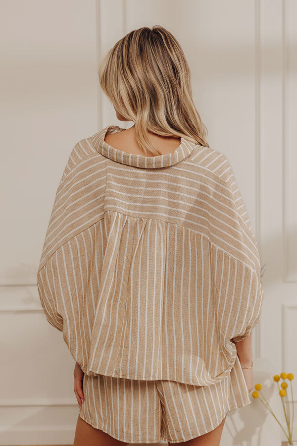 Coastal Ease Oversized Crop Button Up Top in Iced Latte