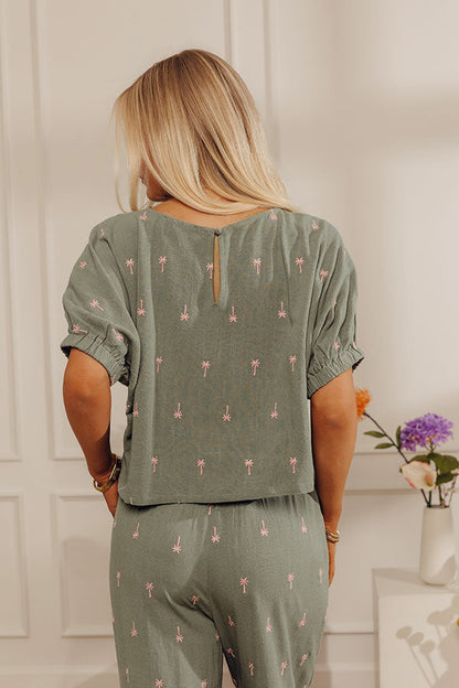 Palm Tree Paradise Embroidered Dolman Top