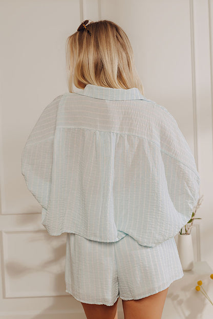 Coastal Ease Oversized Crop Button Up Top in Powder Blue